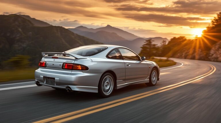Toyota Celica GTS driving on scenic road at sunset, sporty coupe exterior