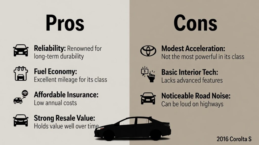 Infographic comparing pros and cons of the 2016 Toyota Corolla S.
