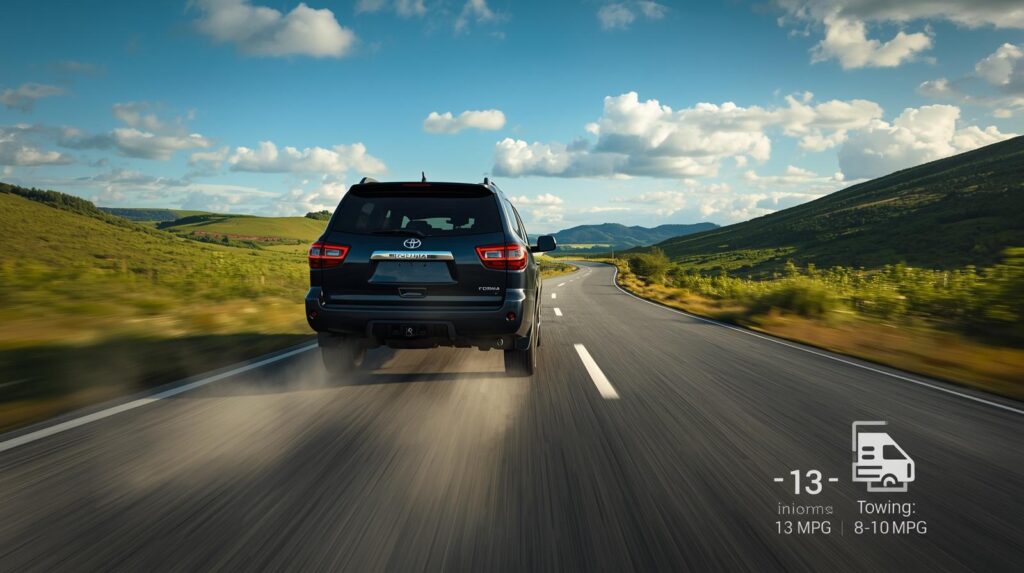 Toyota Sequoia V8 gas mileage real-world highway and towing MPG display