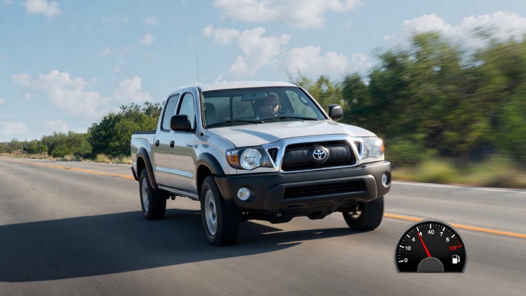 03 Toyota Tacoma on highway showing fuel gauge and real-world fuel economy