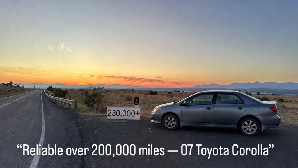 Photo of a 2007 Toyota Corolla beside a road with a marker showing “230,000+ miles”, illustrating long‑term reliability and durability.