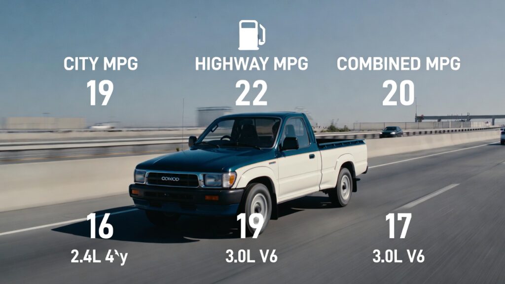 1995 Toyota Pickup driving on highway with fuel economy MPG overlay for 2.4L and 3.0L engines.