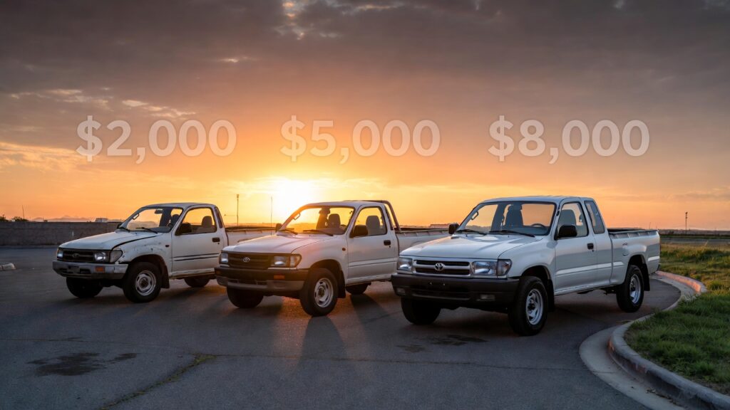 Three 1995 Toyota Pickups in varied condition with price range labels