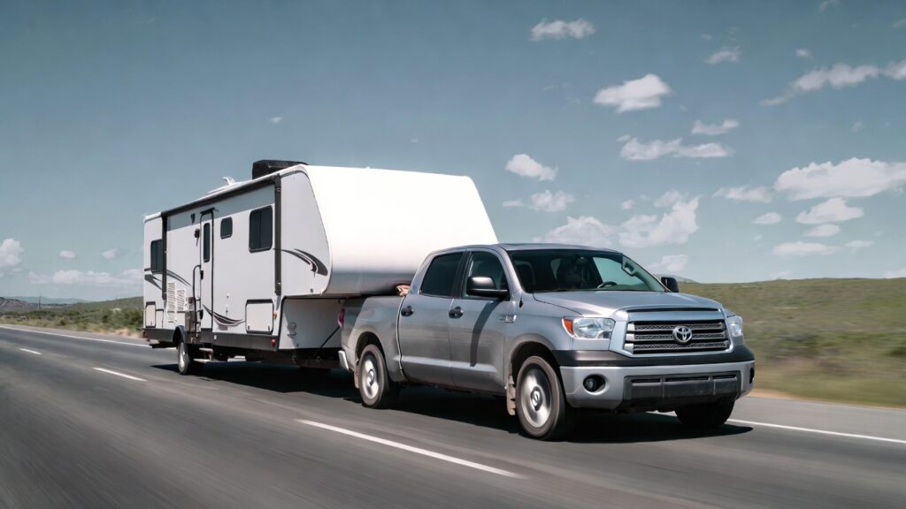 2007 Toyota Tundra pulling trailer on highway showing strong towing capacity.
