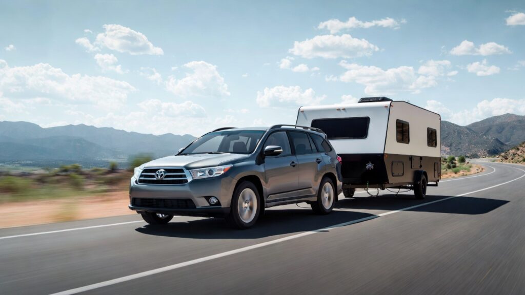 2014 Toyota Highlander towing a camper trailer on highway