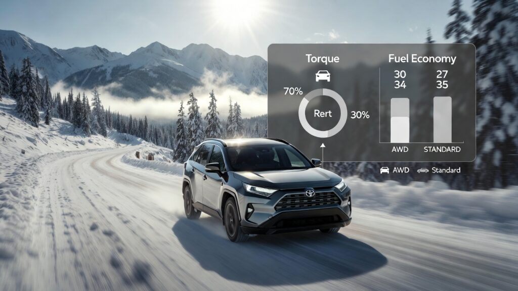 AWD Toyota RAV4 Hybrid mileage comparison on snowy road with fuel economy overlay.