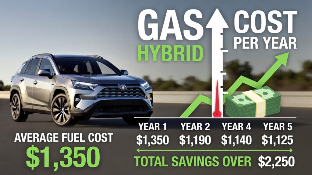 Toyota RAV4 Hybrid mileage cost saving infographic with fuel economy comparison.