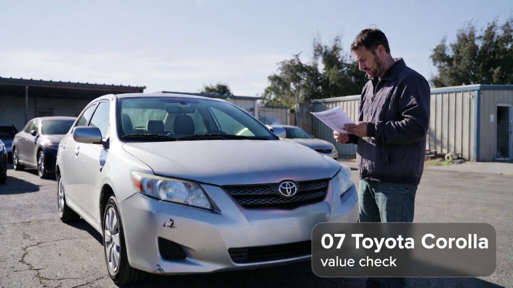 Photo of a person with a checklist standing beside a 07 Toyota Corolla, showing a real‑world inspection and buy‑decision scenario.