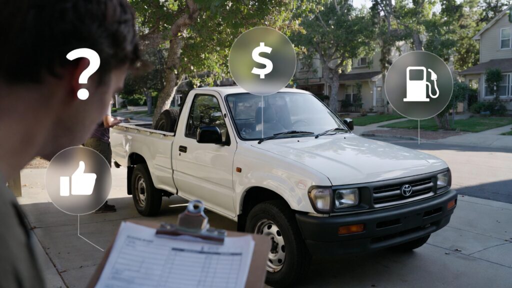 Buyer examining a 1995 Toyota Pickup with checklist, evaluating worth and condition.