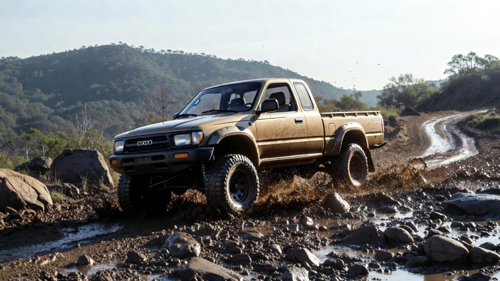 1995 Toyota Pickup driving off-road on rocky terrain with lifted suspension and all-terrain tires.