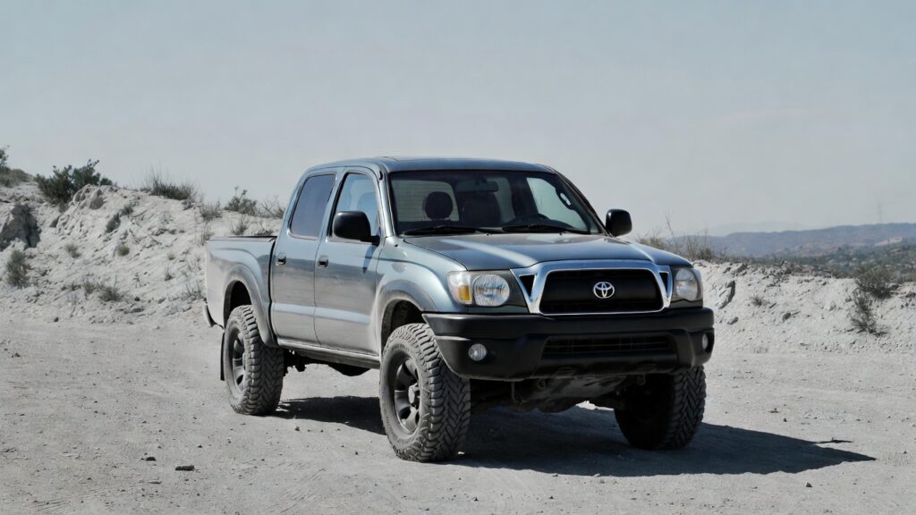 03 Toyota Tacoma parked on dirt road showing rugged design and compact pickup size