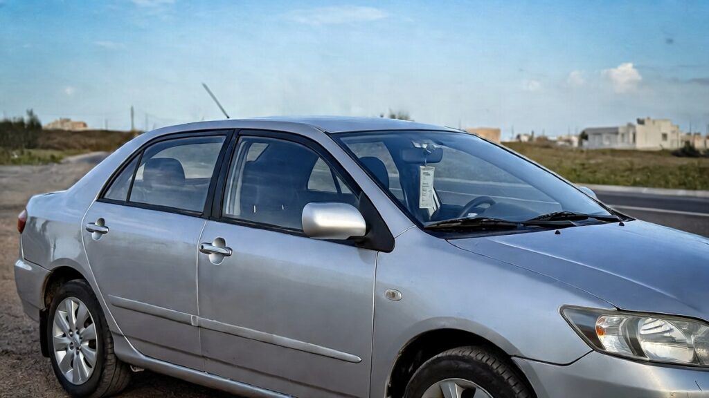 Photo of a silver 2007 Toyota Corolla compact sedan parked in a quiet suburban area, showing side and front view.