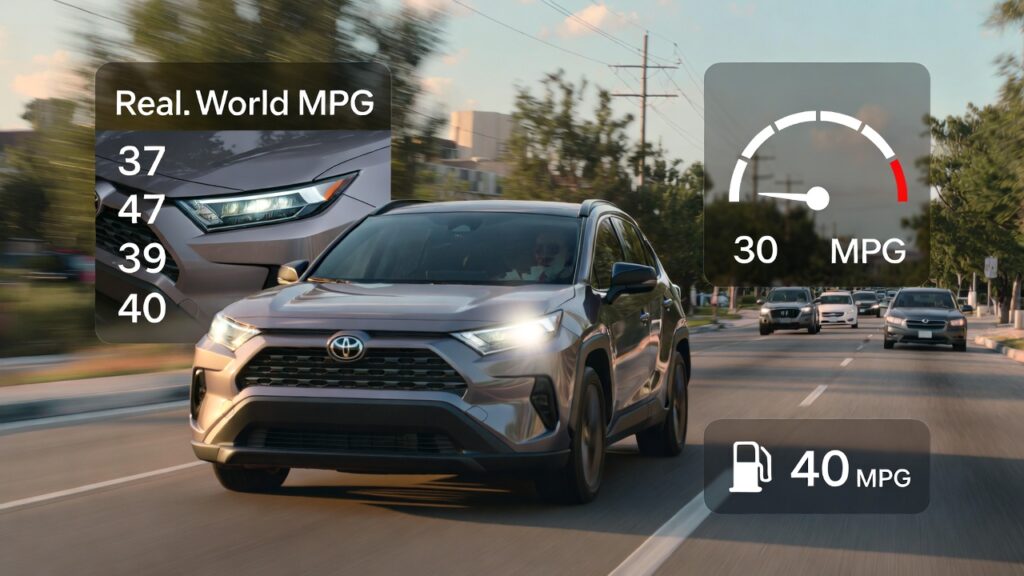Real-world Toyota RAV4 Hybrid mileage driving on a suburban road showing MPG gauge.
