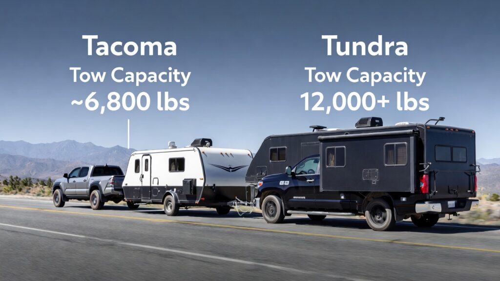 Toyota Tacoma and Toyota Tundra parked side by side, each towing trailers with capacity graphics.
