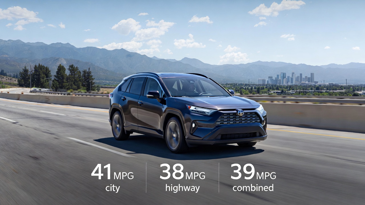 Featured image of Toyota RAV4 Hybrid mileage showing fuel efficiency numbers on a scenic highway.