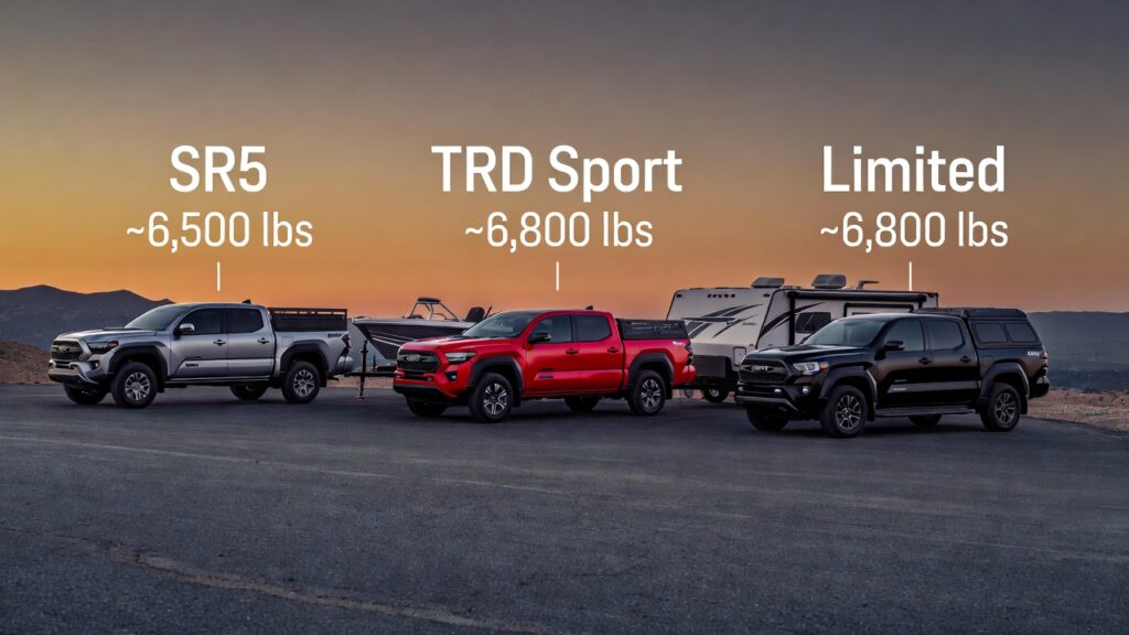 Three Toyota Tacoma trucks by trim (SR5, TRD Sport, Limited) towing diverse trailers.