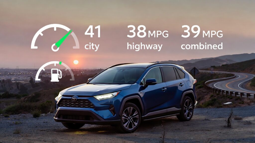 Toyota RAV4 Hybrid mileage infographic showing 41 MPG city and 38 MPG highway.