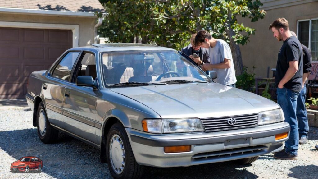 who should buy a 1991 Toyota Camry image showing first time buyer and mechanic inspecting reliable old sedan