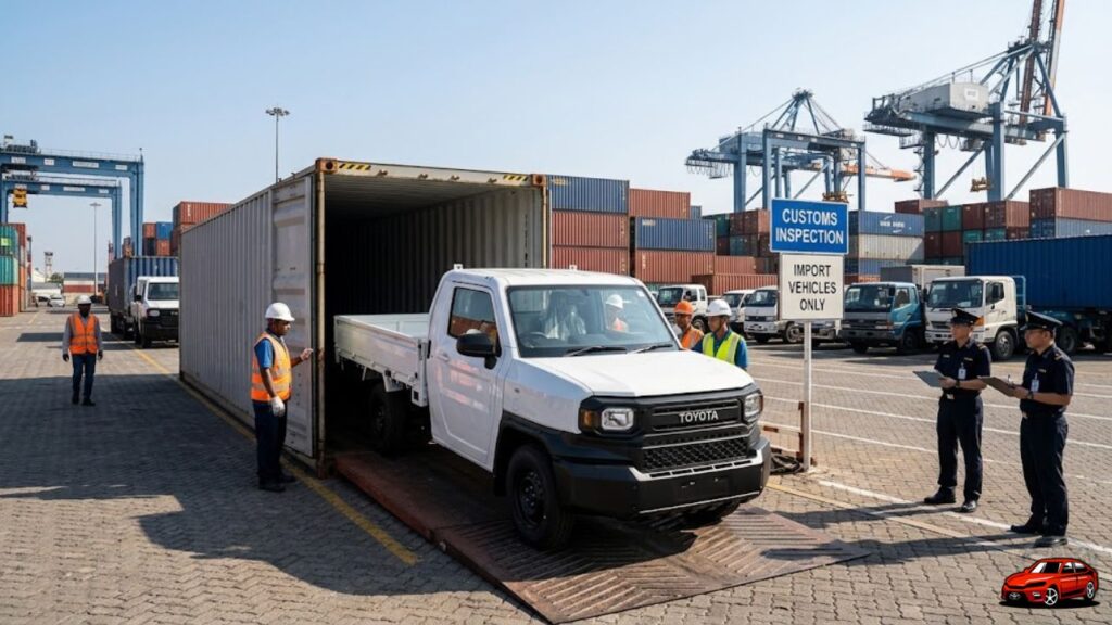 toyota imv 0 usa import process showing shipping container customs inspection and costs for bringing the truck into the United States