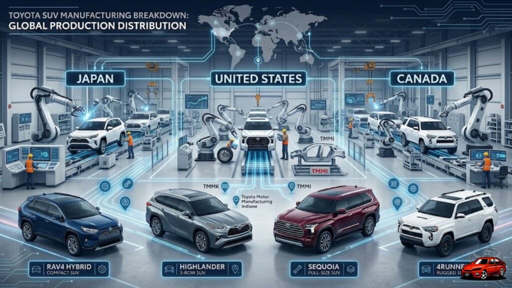 Toyota SUV manufacturing breakdown showing Highlander RAV4 Sequoia and 4Runner production locations in Japan USA and Canada