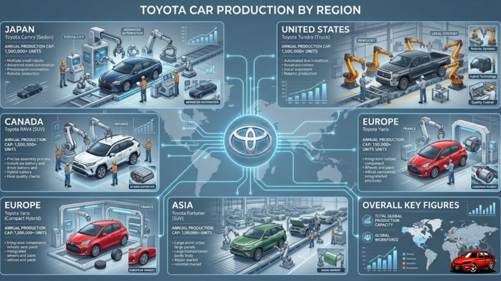 Where are Toyota cars produced by region showing Japan USA Canada Europe and Asia Toyota manufacturing plants