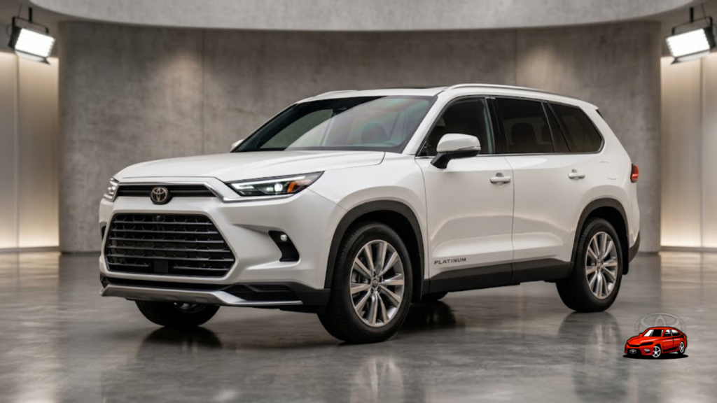 2025 Toyota Grand Highlander in Wind Chill Pearl white displayed on showroom floor showing large SUV size and premium design
