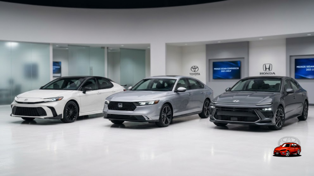 2025 Toyota Camry compared with Honda Accord and Hyundai Sonata in showroom display