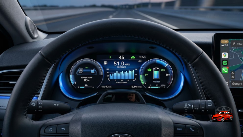 2025 Toyota Camry hybrid dashboard display showing 51 MPG fuel economy reading