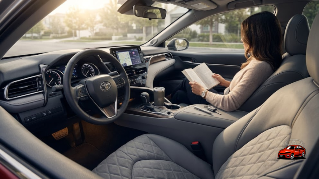 2025 Toyota Camry XLE interior showing quilted microfiber seats 12.3-inch screen and premium dashboard