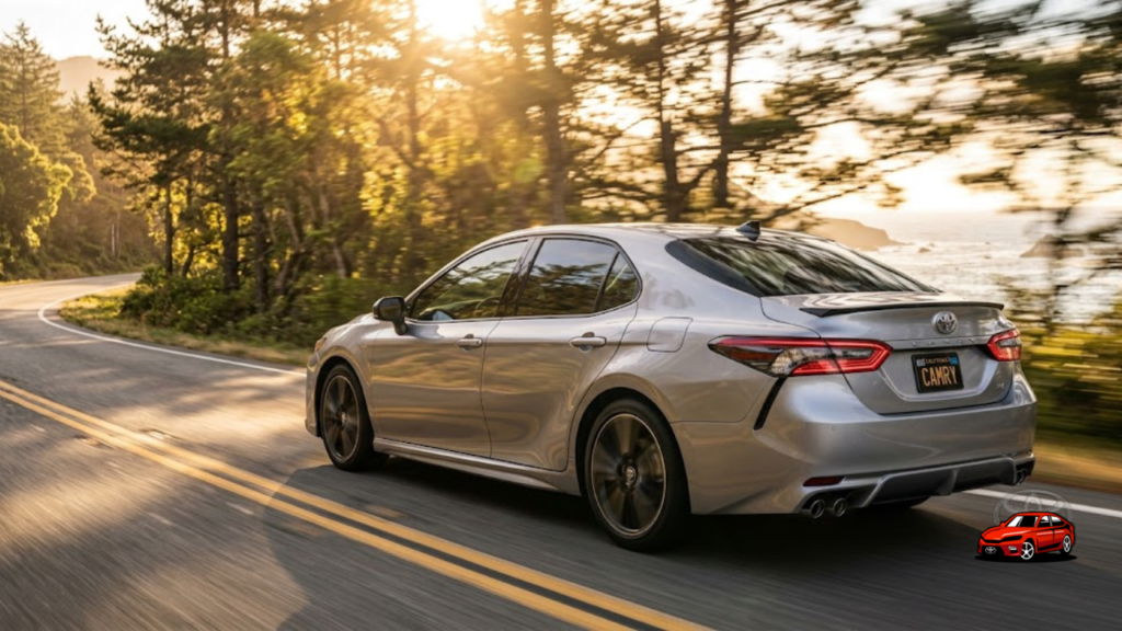 2025 Toyota Camry in motion on coastal road showing dynamic performance and sculpted design