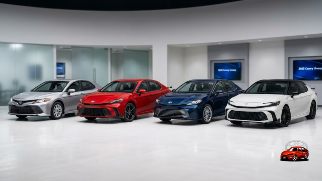 Four 2025 Toyota Camry trim levels LE SE XLE and XSE displayed in row on white showroom floor