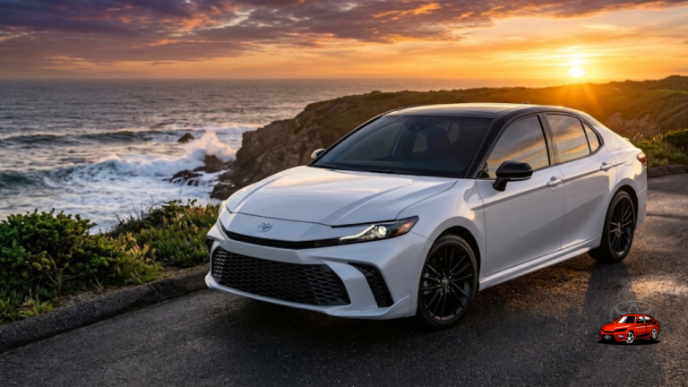 2025 Toyota Camry XSE on coastal cliff at sunset showcasing redesigned grille and sporty design