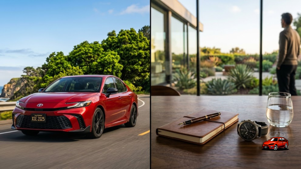 2025 Toyota Camry XSE in red metallic with balanced pros and cons consideration imagery
