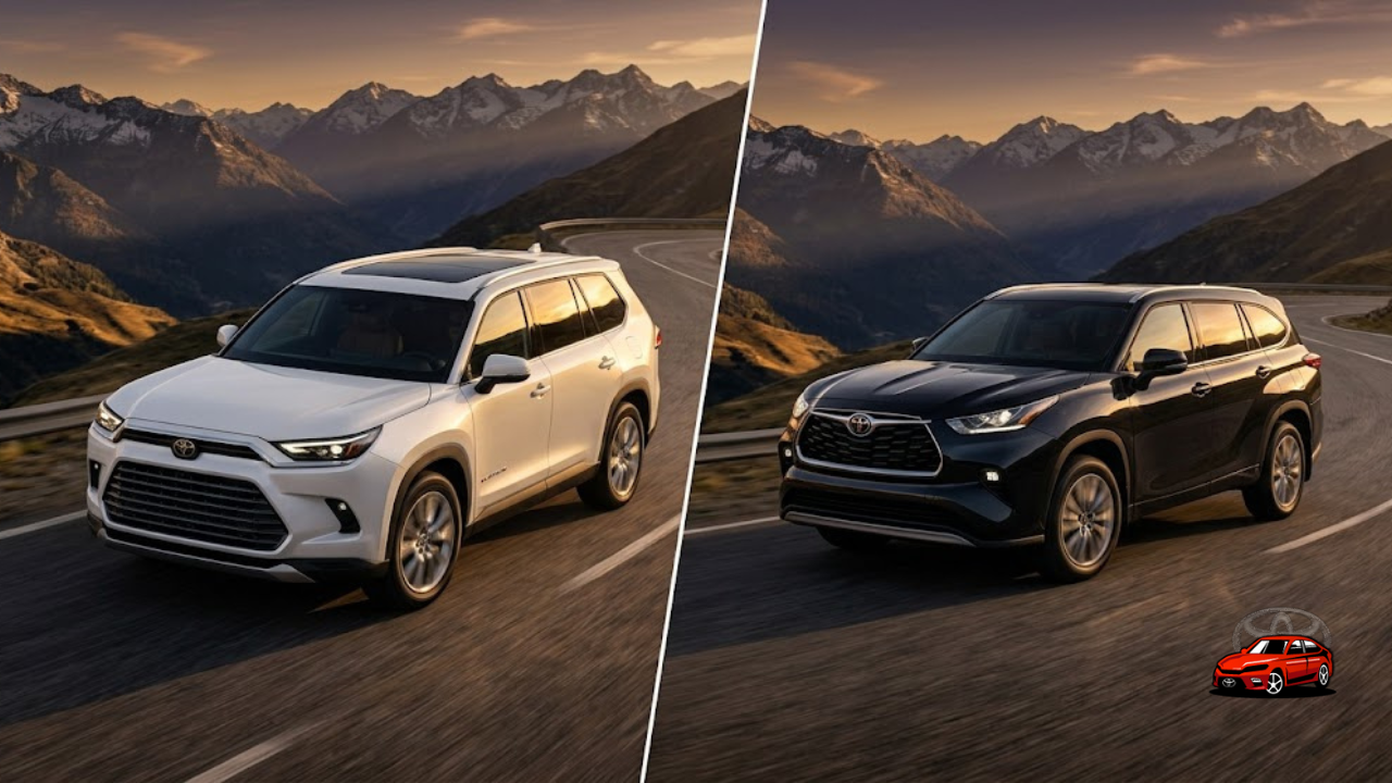 2025 Toyota Grand Highlander and Toyota Highlander parked side-by-side on mountain road at sunset showing size comparison