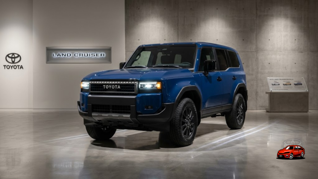2025 Toyota Land Cruiser Heritage Blue color parked in showroom displaying premium design and multiple trim options