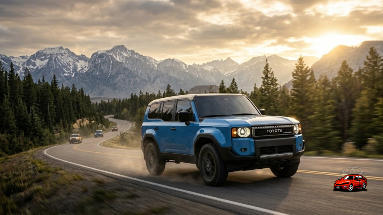 2025 Toyota Land Cruiser Heritage Blue driving on mountain road showcasing legendary off-road SUV capability and hybrid performance