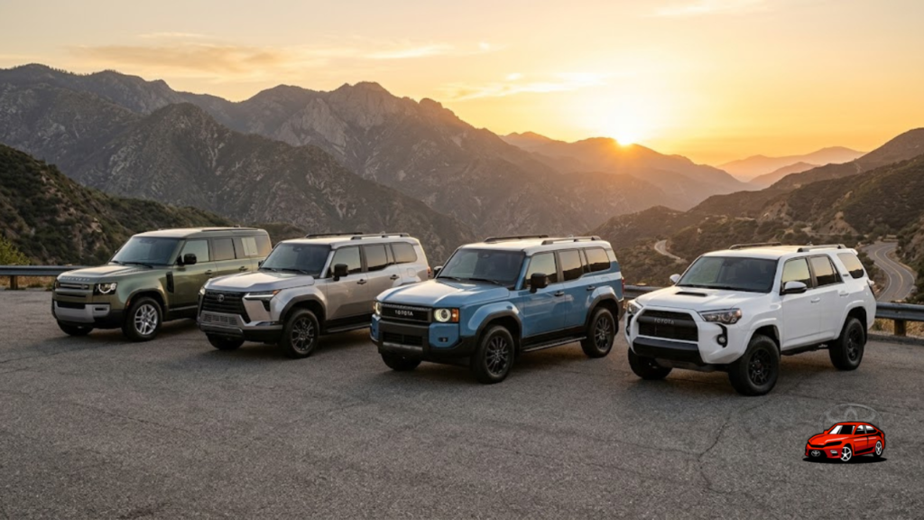 2025 Toyota Land Cruiser compared with Toyota 4Runner Lexus GX and Land Rover Defender at mountain overlook