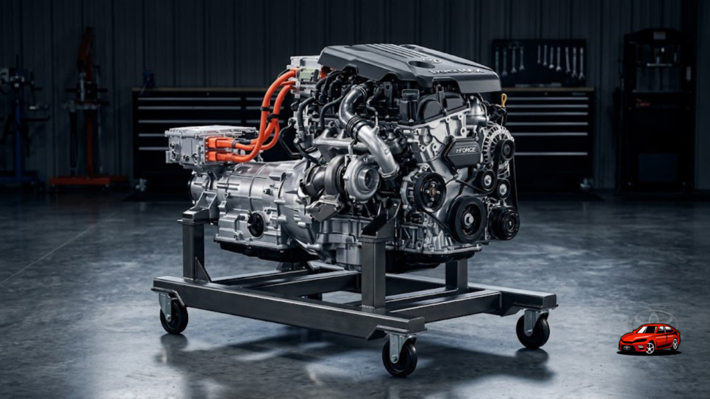 Toyota i-FORCE MAX hybrid powertrain 2025 Land Cruiser showing 2.4 liter turbo engine and electric motor integration