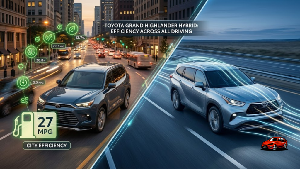 2025 Toyota Grand Highlander achieving 27 MPG combined fuel economy driving through city and highway environments