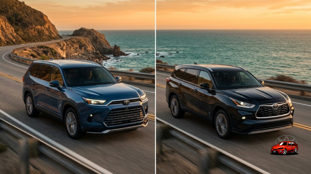 2025 Toyota Grand Highlander and Toyota Highlander side-by-side on coastal highway showing size comparison and styling differences