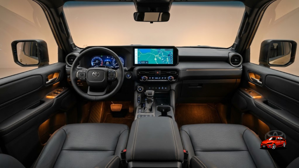 2025 Toyota Land Cruiser interior showing 12.3 inch infotainment display digital cluster and premium cabin materials