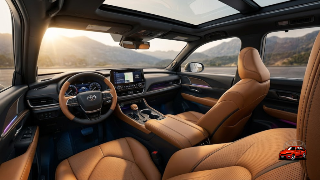 Luxurious interior of 2025 Toyota Grand Highlander Platinum showing 12.3-inch touchscreen and black and tan leather seats