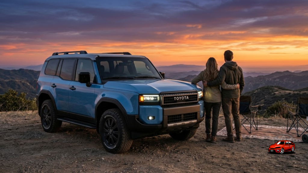 2025 Toyota Land Cruiser parked at scenic mountain overlook with couple admiring sunset showcasing ownership lifestyle