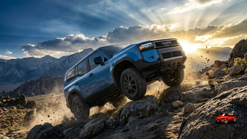 2025 Toyota Land Cruiser climbing rocky trail demonstrating full-time 4WD and off-road capability in mountain terrain