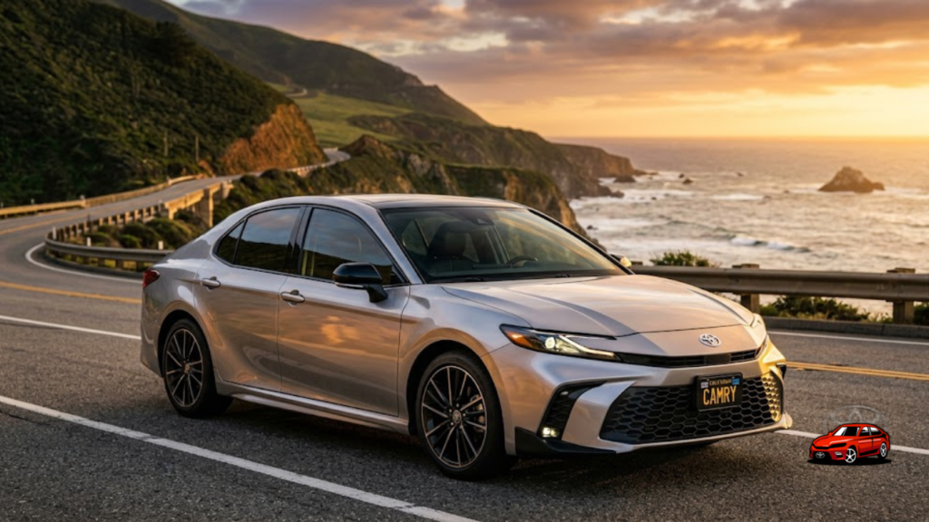 2025 Toyota Camry hybrid sedan parked on coastal highway at sunset showcasing redesigned front grille and LED headlights