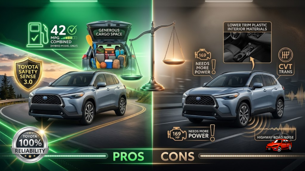 2026 Toyota Corolla Cross pros and cons showing fuel economy safety and cargo advantages versus engine power and road noise limitations

