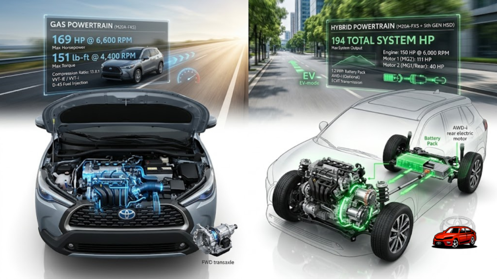 2026 Toyota Corolla Cross gas engine showing 169 horsepower and hybrid powertrain showing 194 horsepower options

