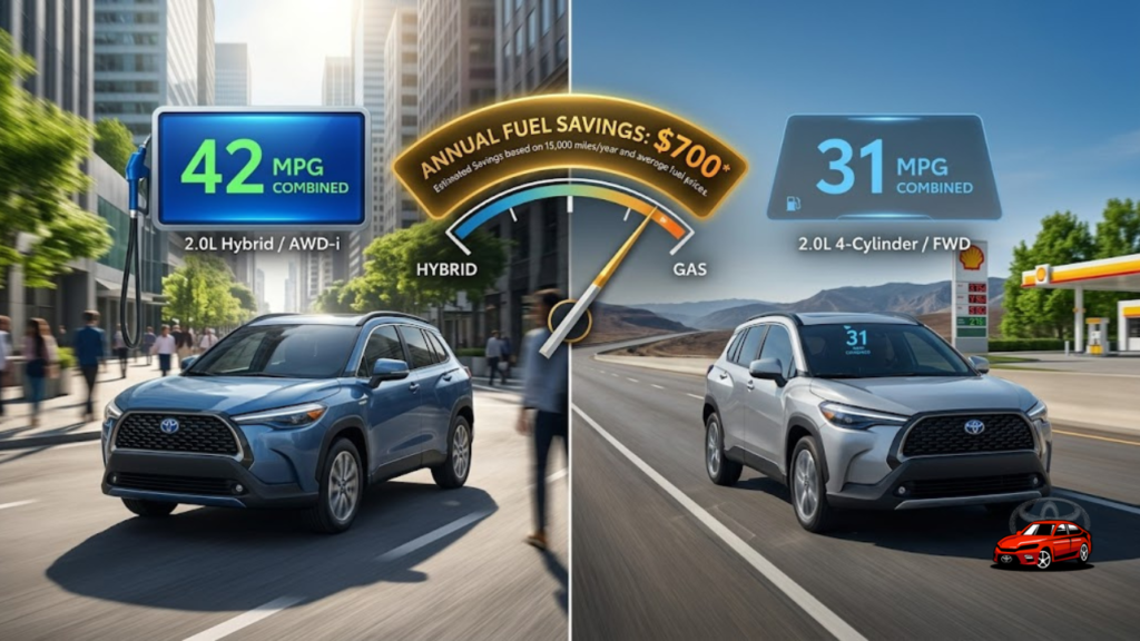 2026 Toyota Corolla Cross fuel economy comparison showing hybrid achieving 42 MPG and gas model achieving 31 MPG combined

