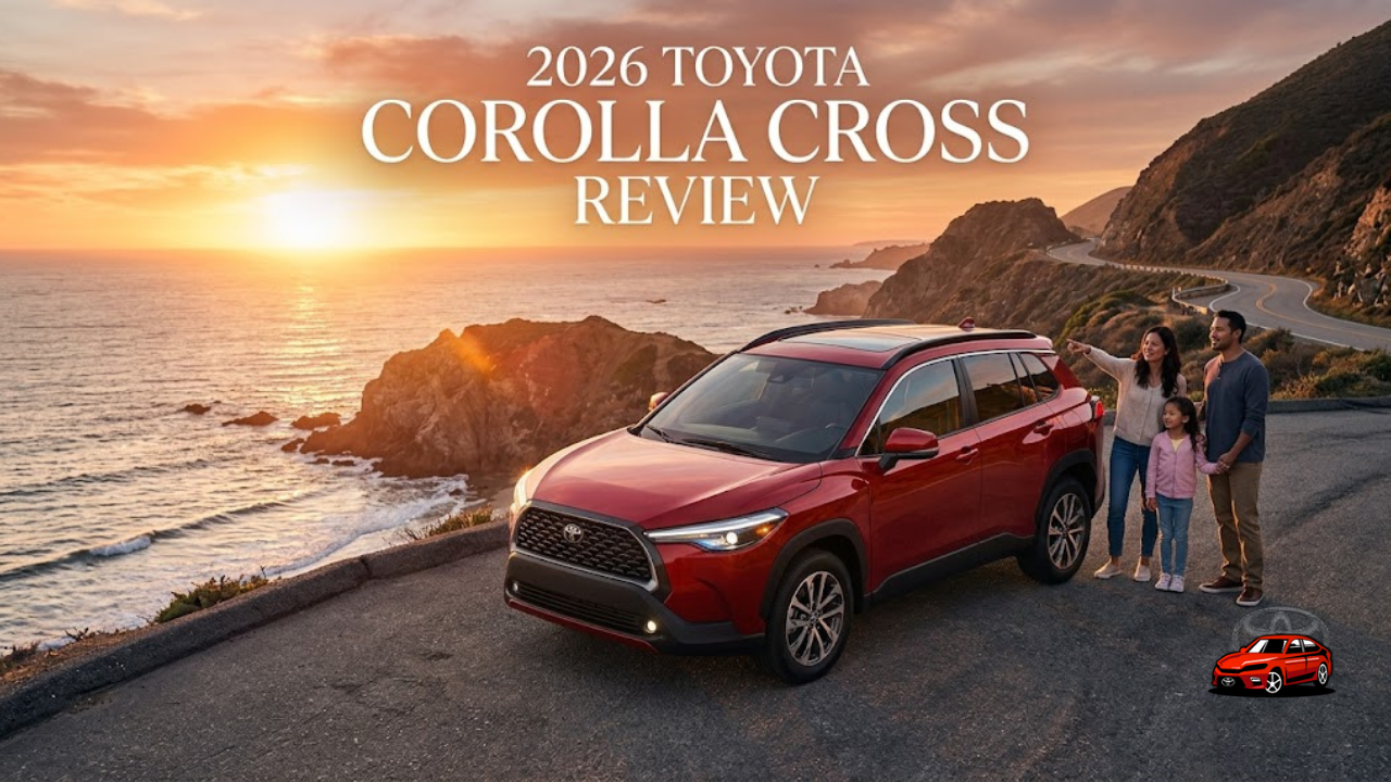 2026 Toyota Corolla Cross Review featured image showing Ruby Red Pearl SUV on scenic coastal highway with family and sunset view