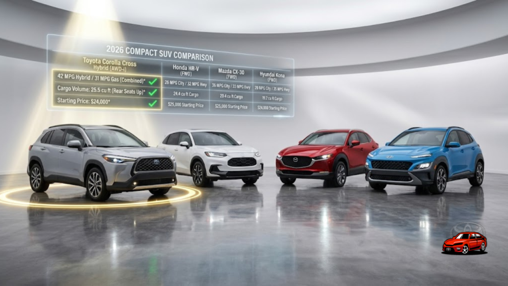 2026 Toyota Corolla Cross comparison with Honda HR-V Mazda CX-30 and Hyundai Kona showing specs and pricing

